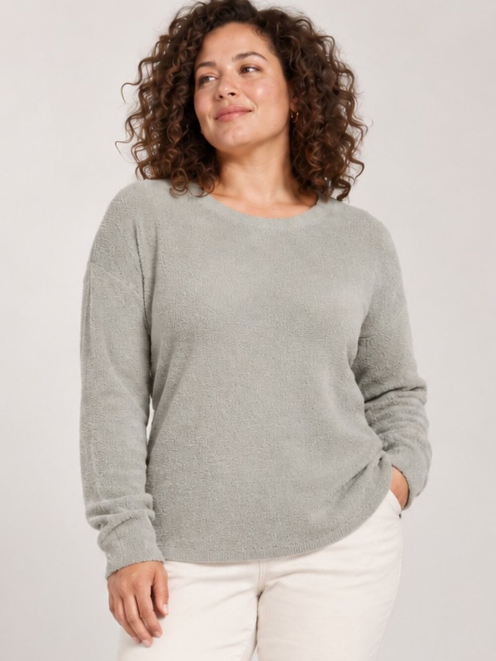 Barefoot Dreams CozyChic Ultra Lite Drop Shoulder Crew Pullover L Harbor Haze
